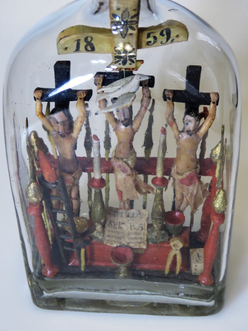 1859 Crucifixion Scene and Symbols in a Bottle
