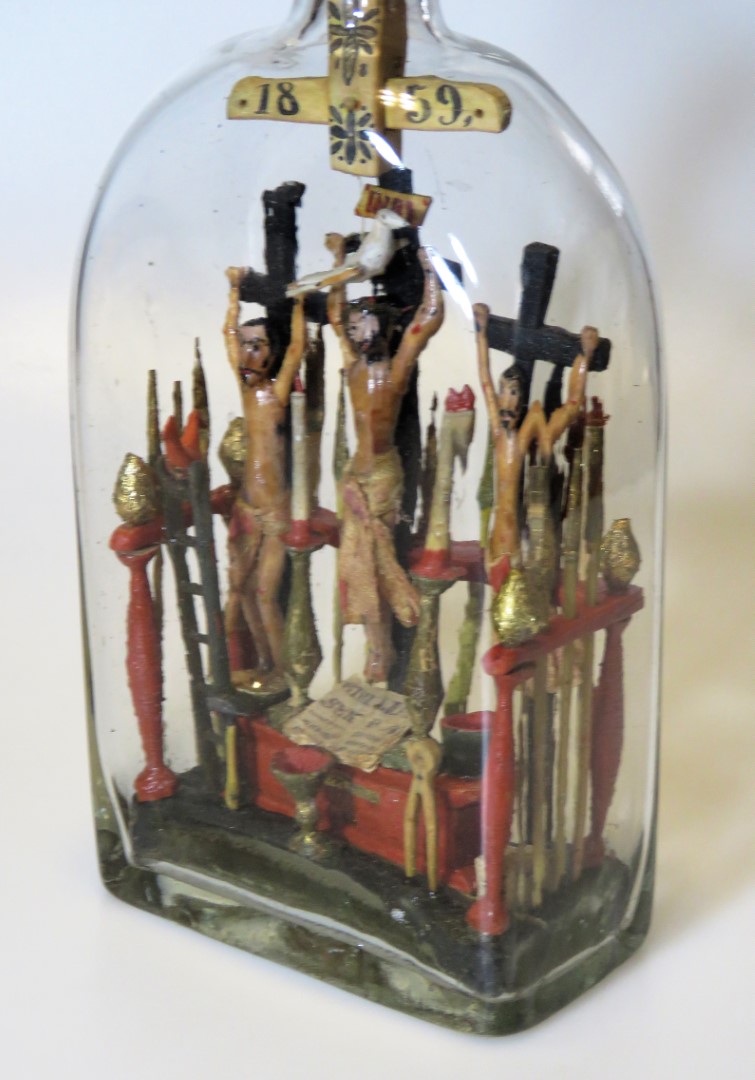 1859 Crucifixion Scene and Symbols in a Bottle